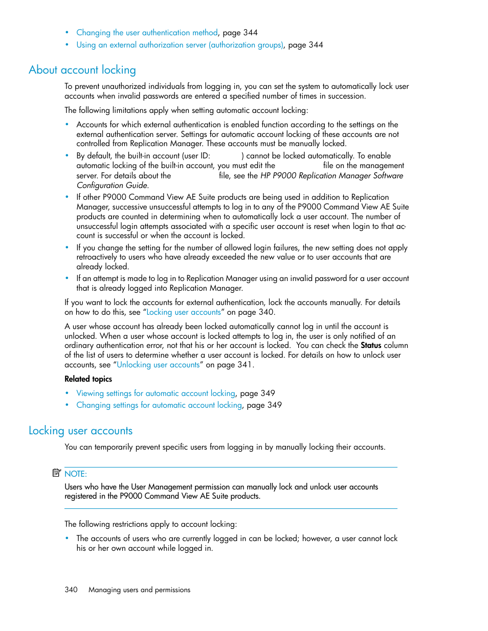 About account locking, Locking user accounts, 340 locking user accounts | HP XP Array Manager Software User Manual | Page 340 / 472