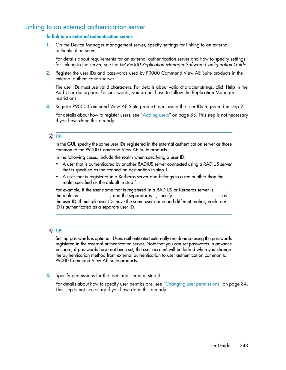 Linking to an external authentication server | HP XP Array Manager Software User Manual | Page 343 / 472