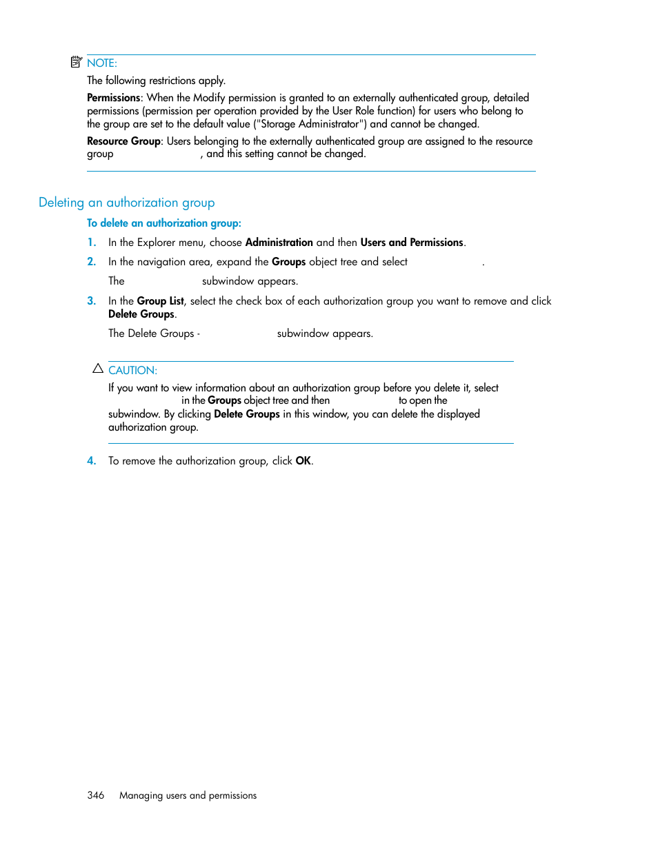 Deleting an authorization group | HP XP Array Manager Software User Manual | Page 346 / 472