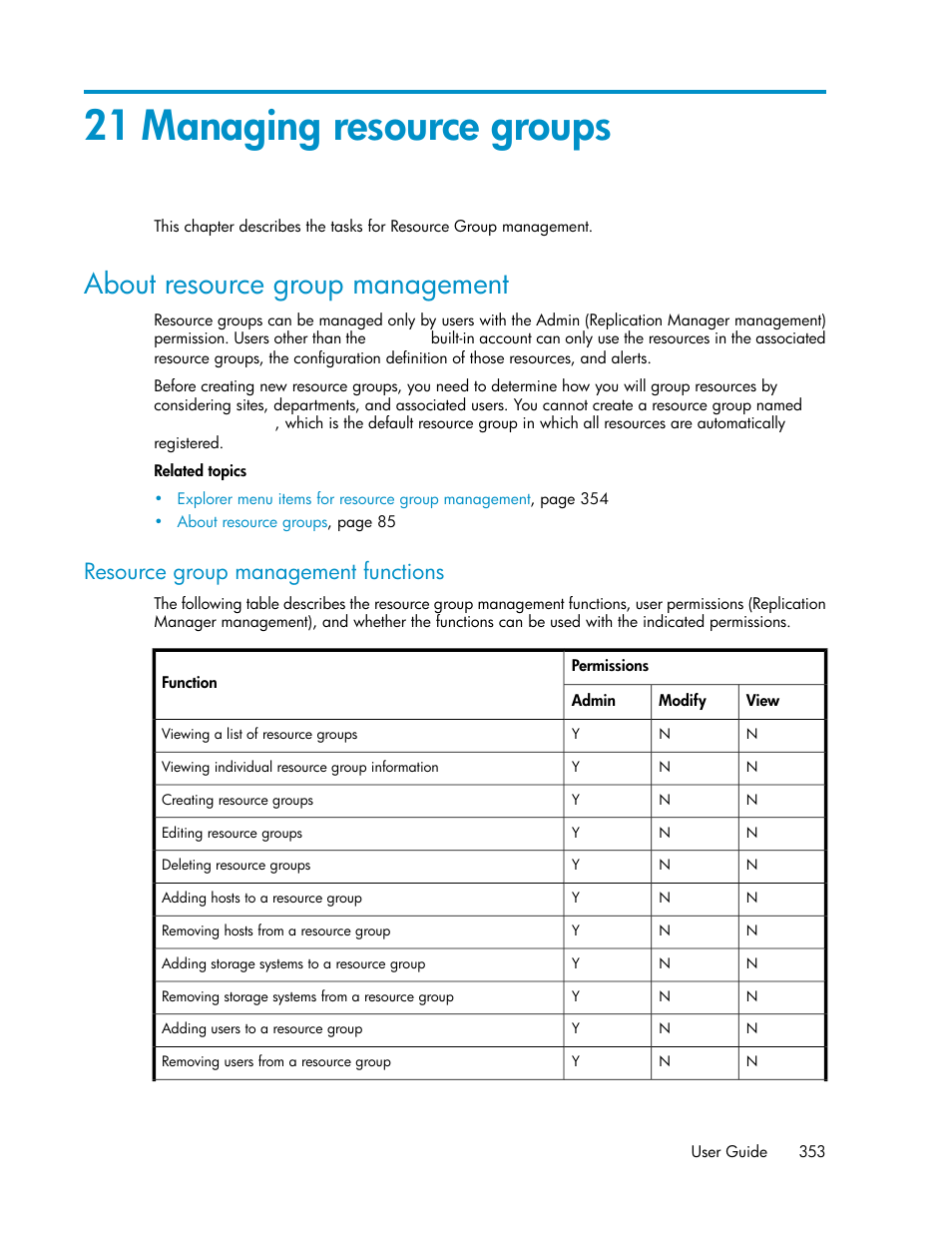 21 managing resource groups, About resource group management, Resource group management functions | HP XP Array Manager Software User Manual | Page 353 / 472