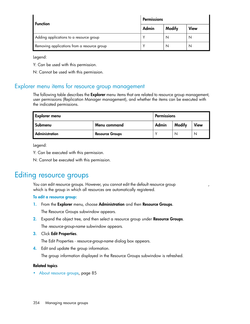 Explorer menu items for resource group management, Editing resource groups | HP XP Array Manager Software User Manual | Page 354 / 472