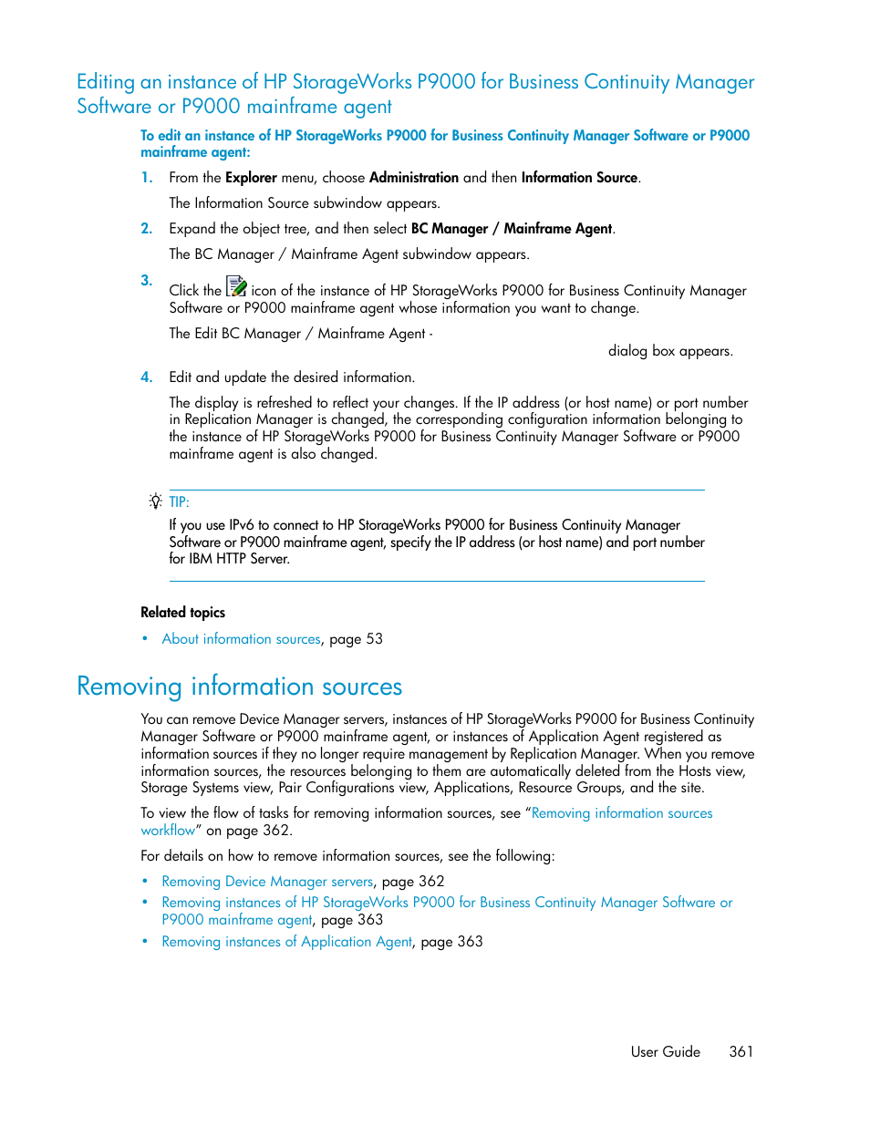 Removing information sources, P9000 mainframe agent | HP XP Array Manager Software User Manual | Page 361 / 472