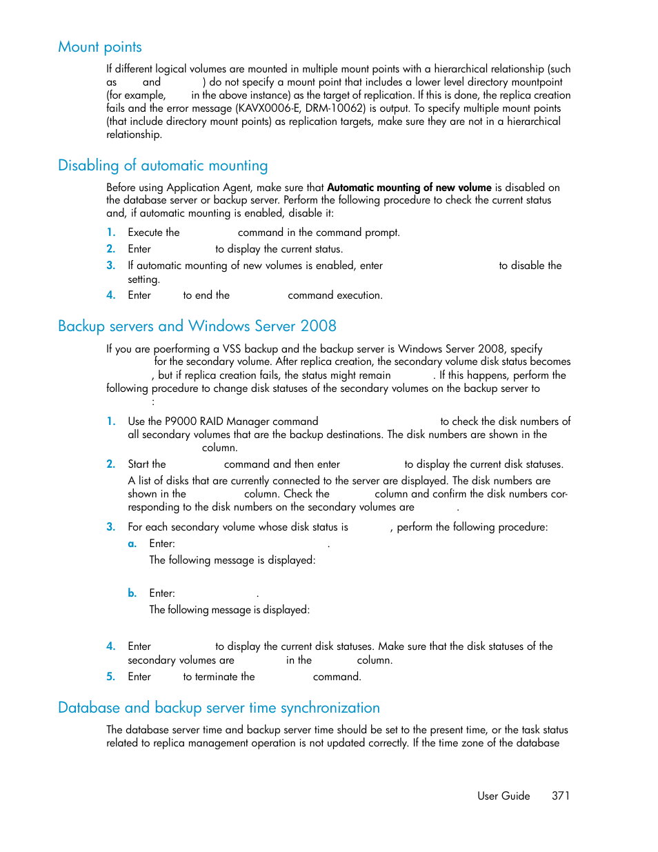 Mount points, Disabling of automatic mounting, Backup servers and windows server 2008 | Database and backup server time synchronization | HP XP Array Manager Software User Manual | Page 371 / 472