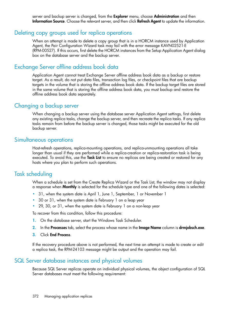 Deleting copy groups used for replica operations, Exchange server offline address book data, Changing a backup server | Simultaneous operations, Task scheduling, Sql server database instances and physical volumes | HP XP Array Manager Software User Manual | Page 372 / 472