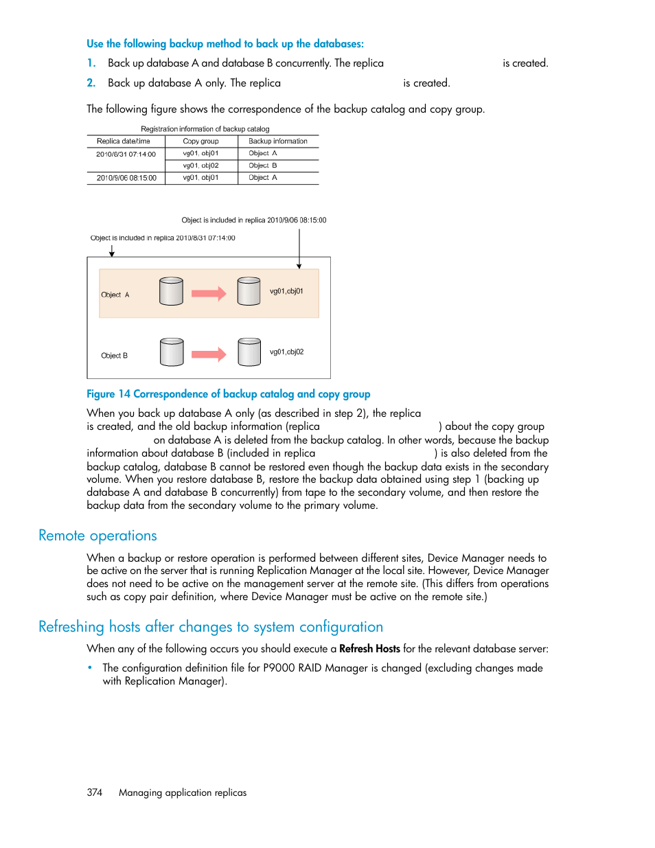 Correspondence of backup catalog and copy group, Remote operations | HP XP Array Manager Software User Manual | Page 374 / 472