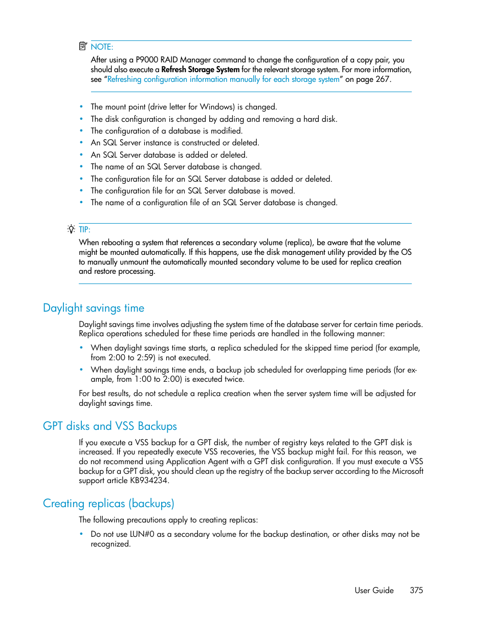 Daylight savings time, Gpt disks and vss backups, Creating replicas (backups) | HP XP Array Manager Software User Manual | Page 375 / 472