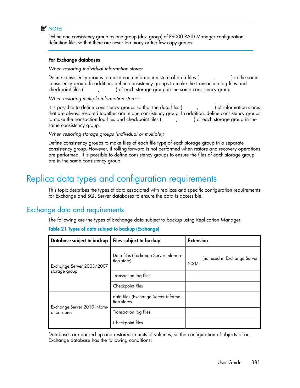 Replica data types and configuration requirements, Types of data subject to backup (exchange), Exchange data and requirements | HP XP Array Manager Software User Manual | Page 381 / 472