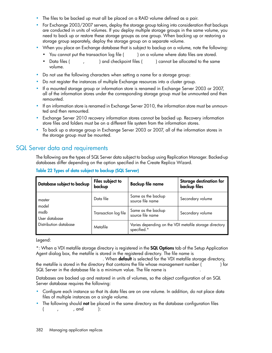 Types of data subject to backup (sql server), Sql server data and requirements | HP XP Array Manager Software User Manual | Page 382 / 472