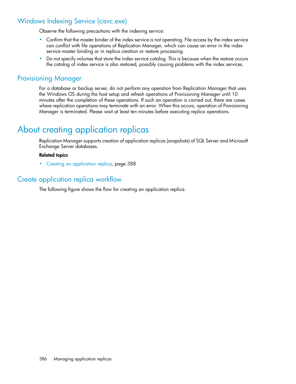 About creating application replicas, Create application replica workflow, Windows indexing service (cisvc.exe) | Provisioning manager | HP XP Array Manager Software User Manual | Page 386 / 472