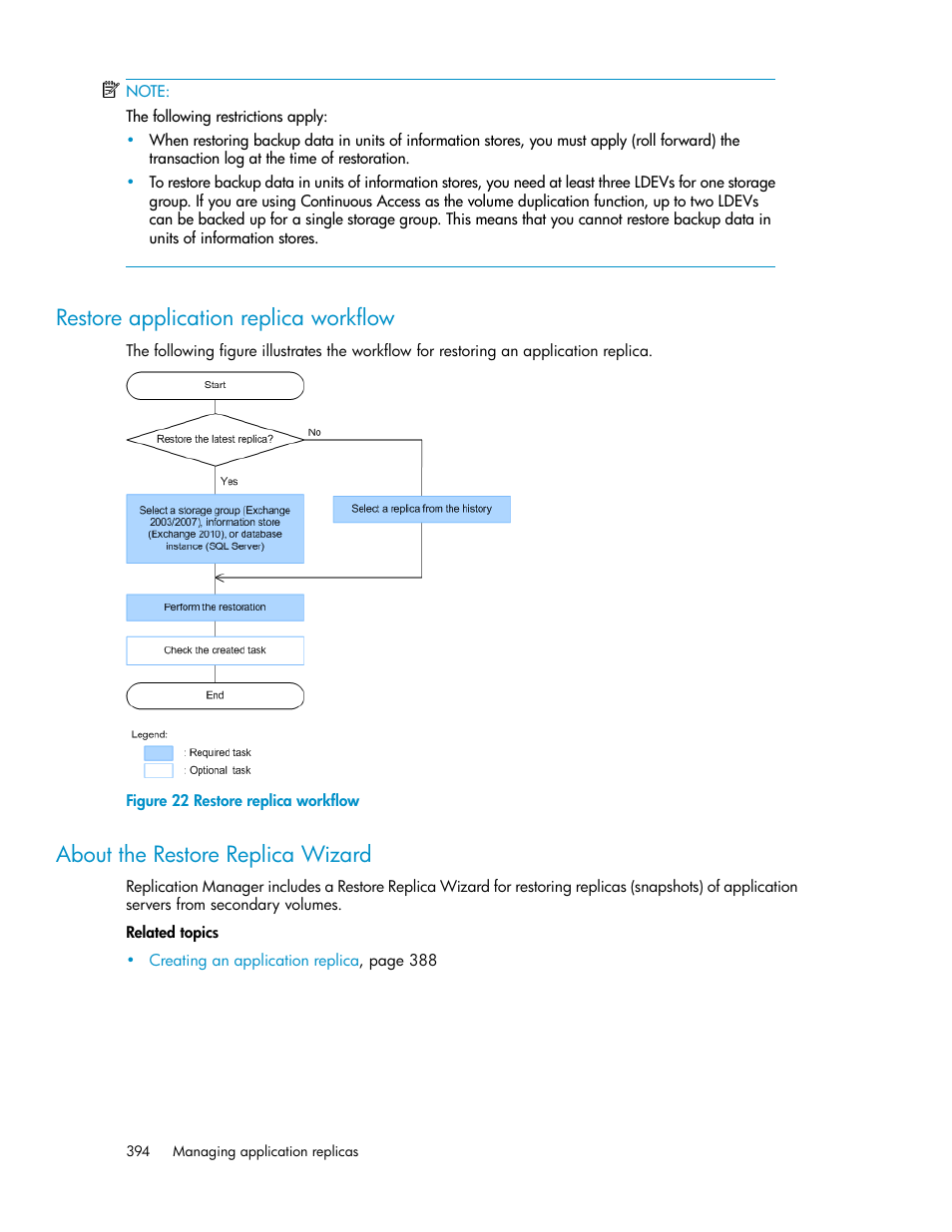 Restore application replica workflow, About the restore replica wizard, 394 about the restore replica wizard | Restore replica workflow | HP XP Array Manager Software User Manual | Page 394 / 472