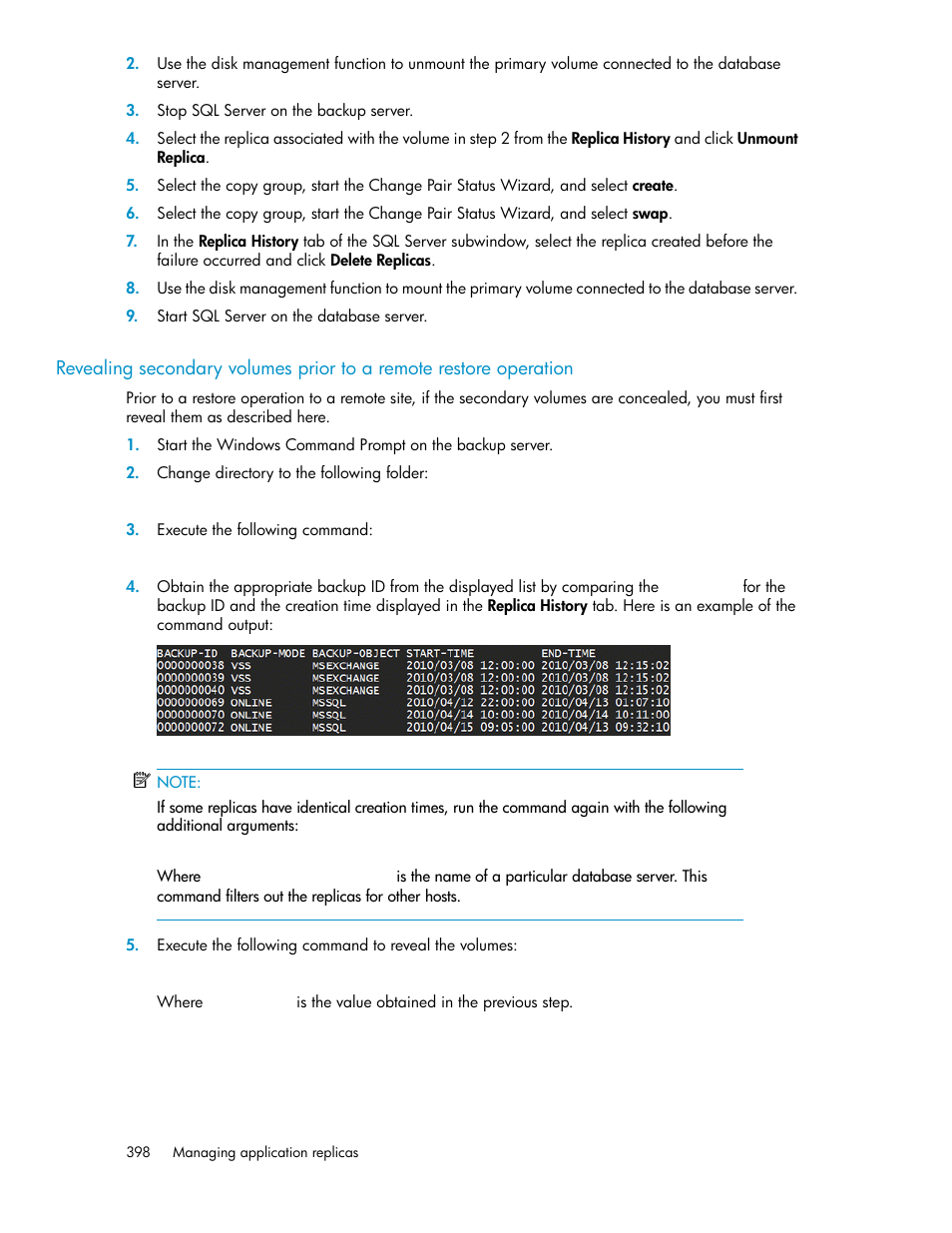 E in, Revealing secondary, Volumes prior to a remote restore operation | HP XP Array Manager Software User Manual | Page 398 / 472