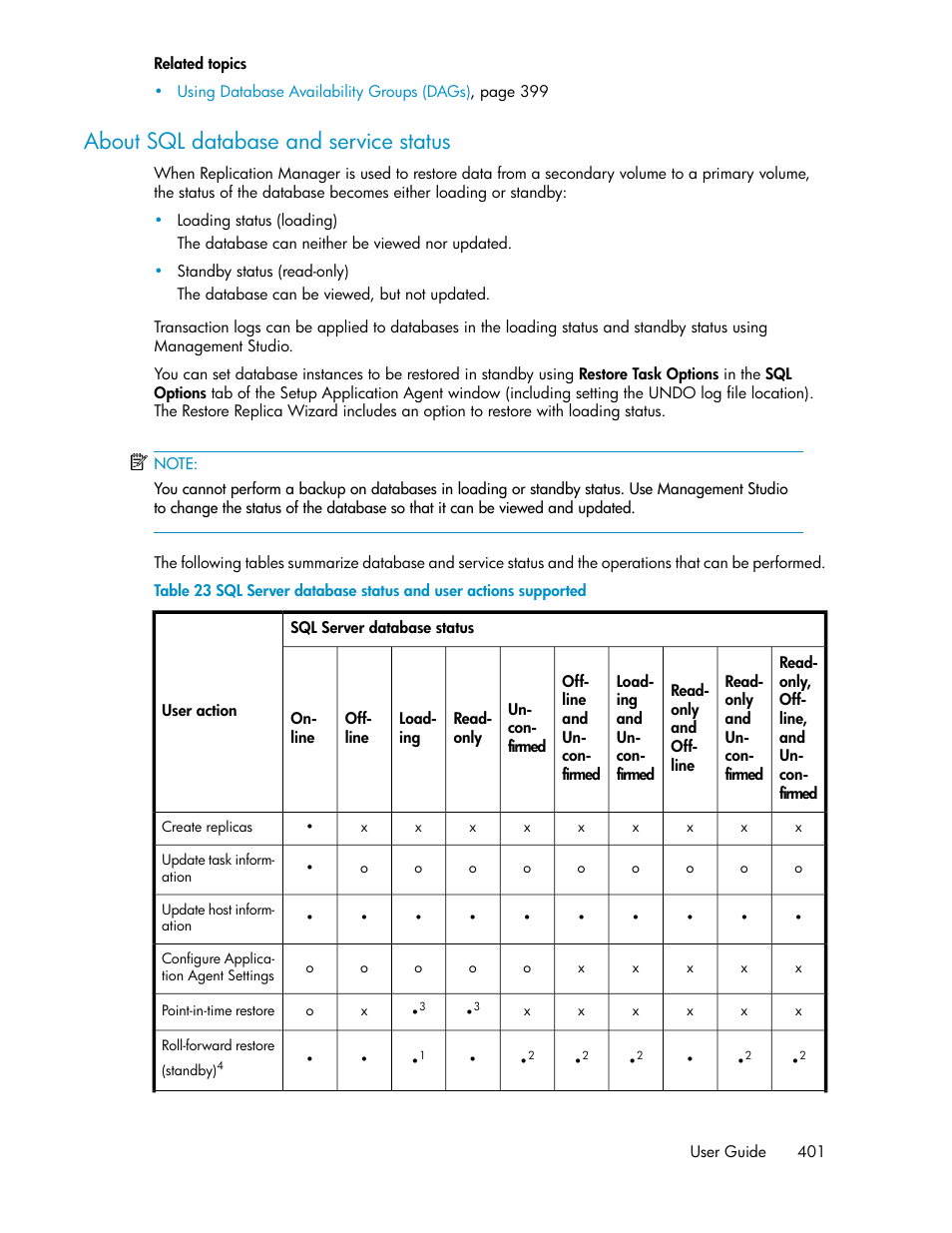 About sql database and service status | HP XP Array Manager Software User Manual | Page 401 / 472