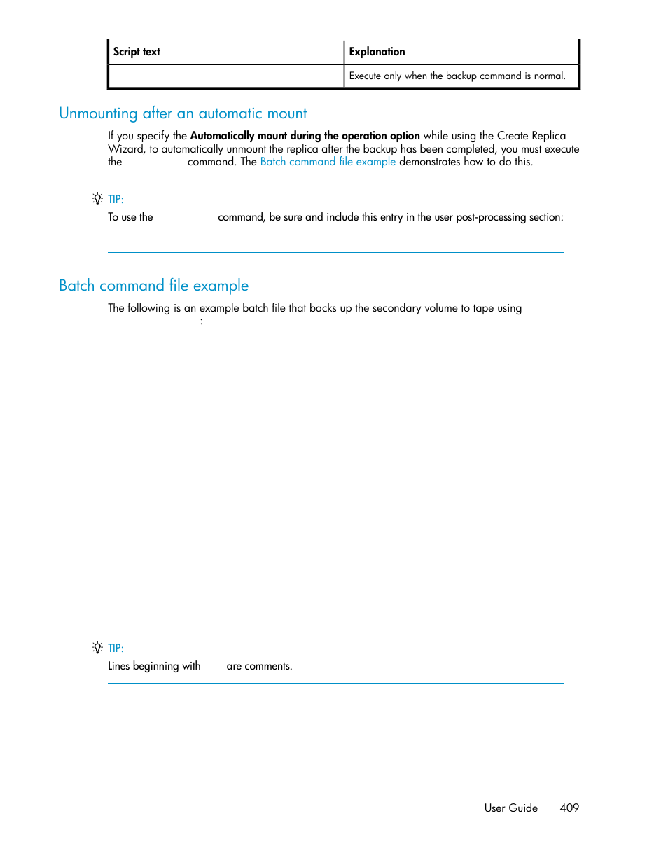 Unmounting after an automatic mount, Batch command file example | HP XP Array Manager Software User Manual | Page 409 / 472