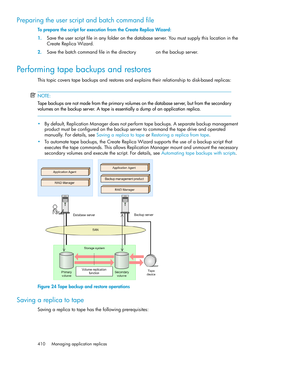 Performing tape backups and restores, Tape backup and restore operations, Performing tape backups and | Restores, Preparing the user script and batch command file, Saving a replica to tape | HP XP Array Manager Software User Manual | Page 410 / 472