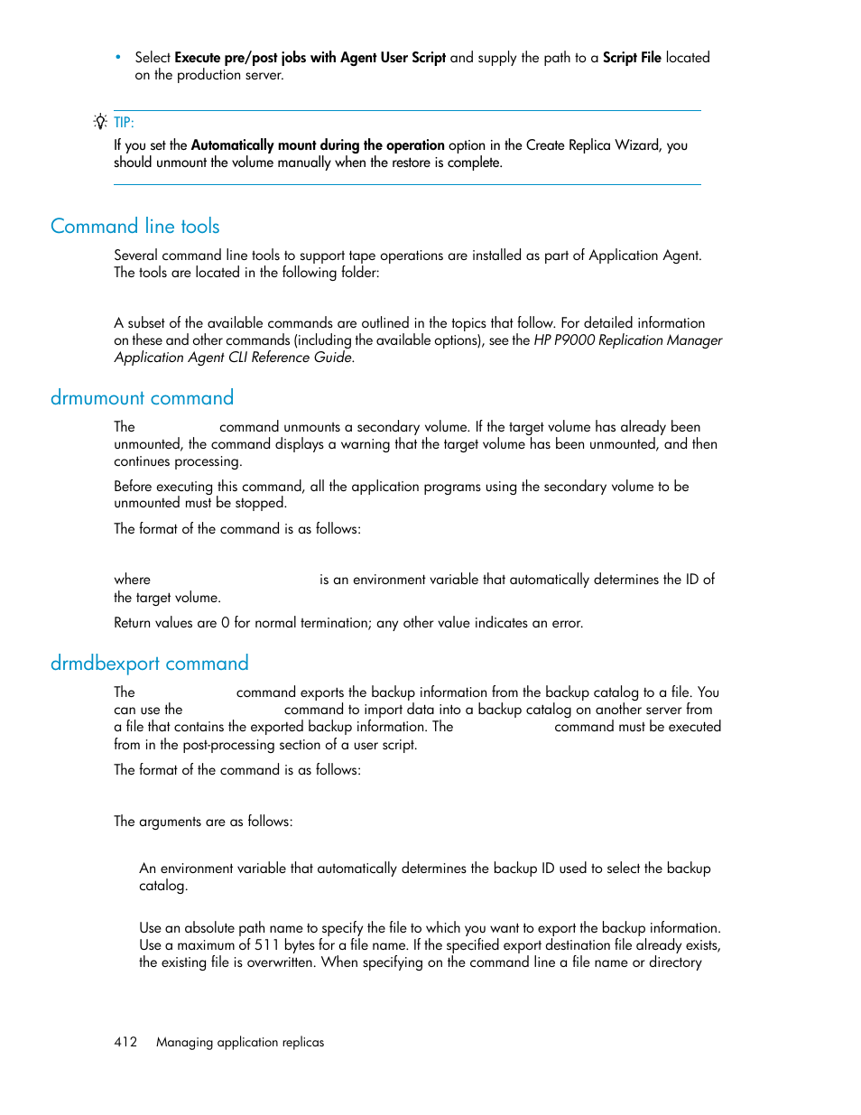 Command line tools, Drmumount command, Drmdbexport command | HP XP Array Manager Software User Manual | Page 412 / 472