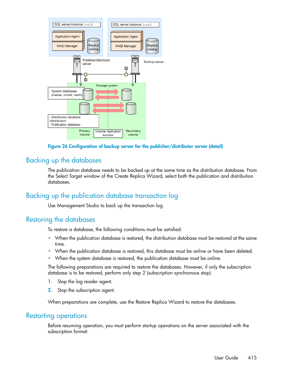 Backing up the databases, Restoring the databases, Restarting operations | HP XP Array Manager Software User Manual | Page 415 / 472