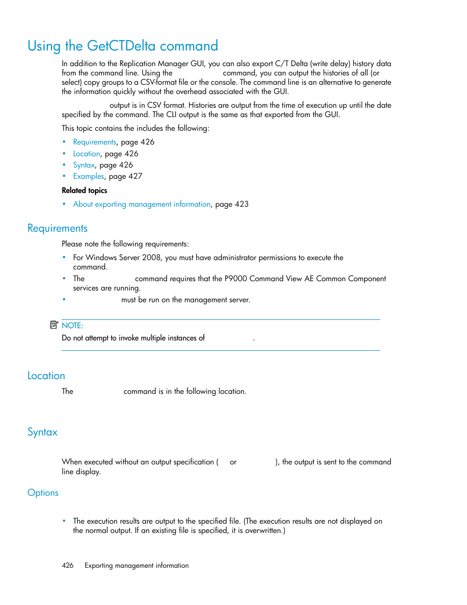 Using the getctdelta command, Requirements, Location | Syntax, 426 location, 426 syntax, Using the getctdelta, Command | HP XP Array Manager Software User Manual | Page 426 / 472