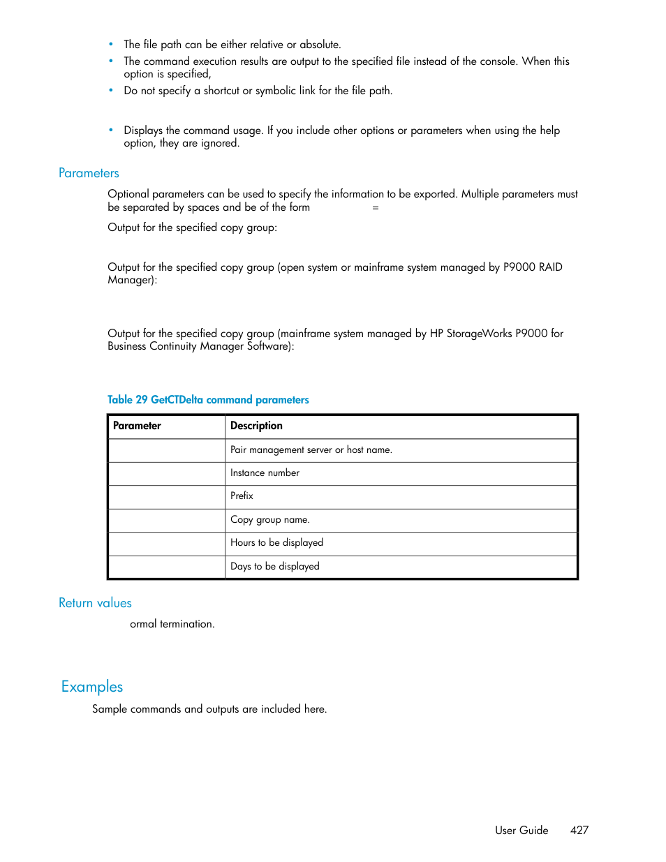 Examples, Getctdelta command parameters | HP XP Array Manager Software User Manual | Page 427 / 472