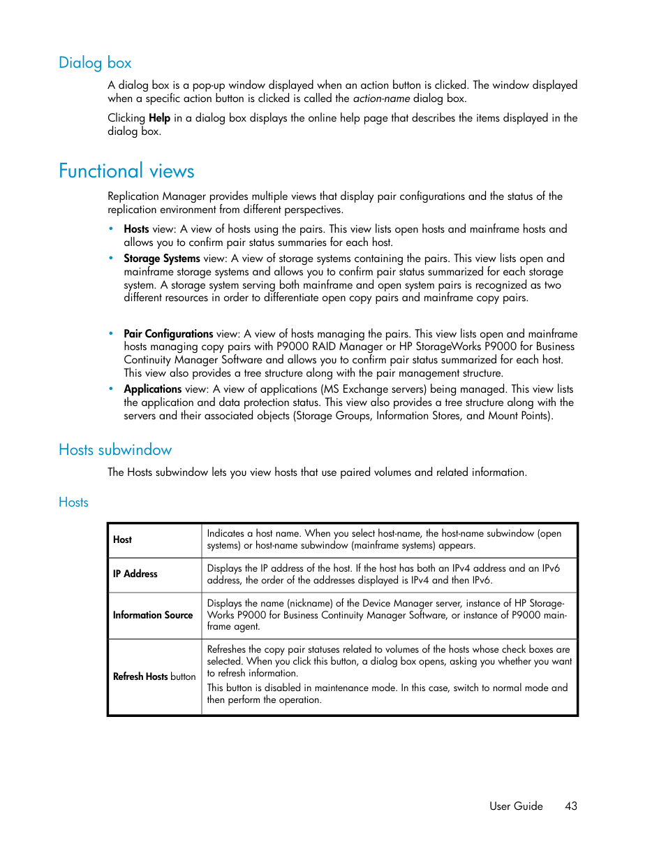 Dialog box, Functional views, Hosts subwindow | HP XP Array Manager Software User Manual | Page 43 / 472