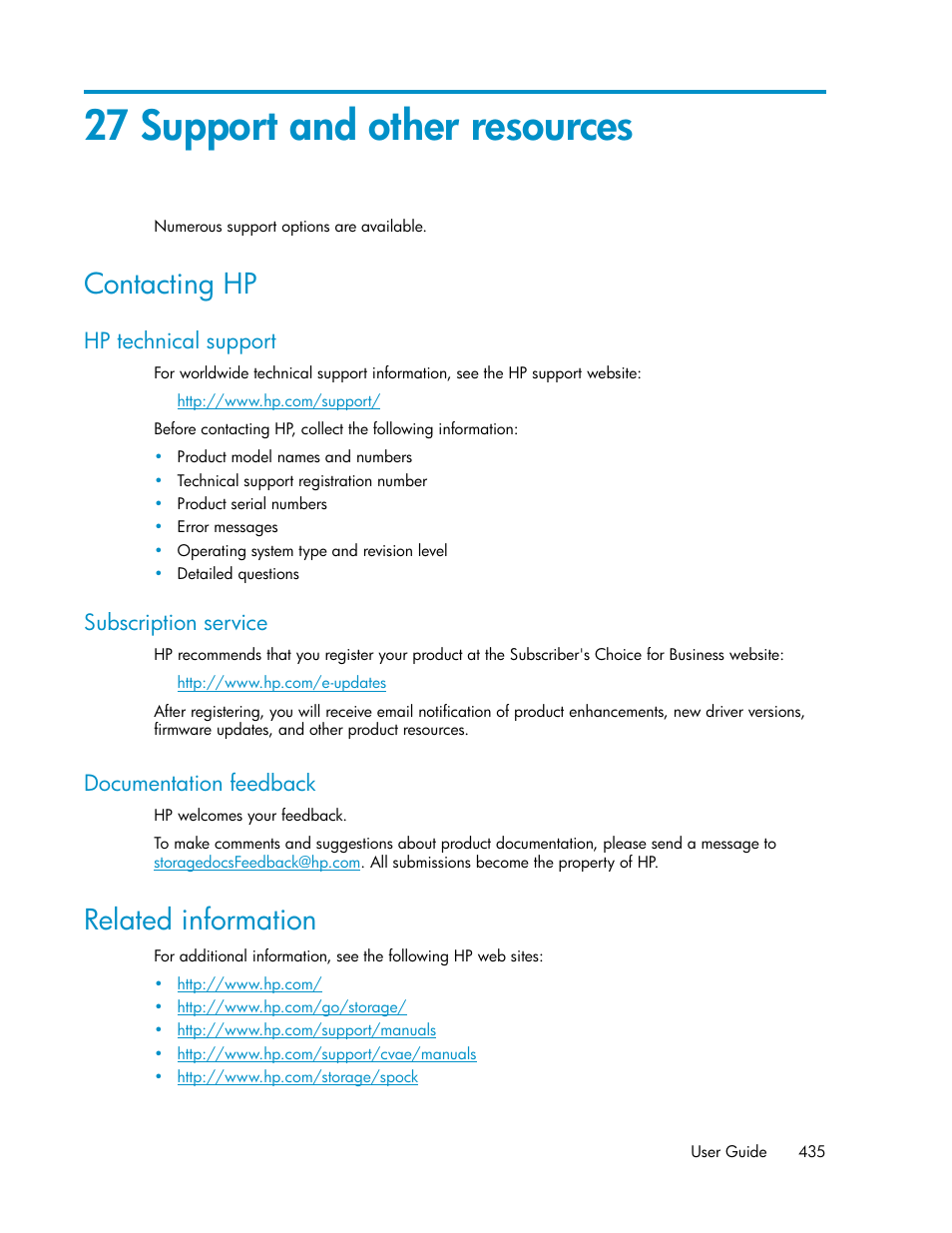 27 support and other resources, Contacting hp, Hp technical support | Subscription service, Documentation feedback, Related information, 435 subscription service, 435 documentation feedback | HP XP Array Manager Software User Manual | Page 435 / 472