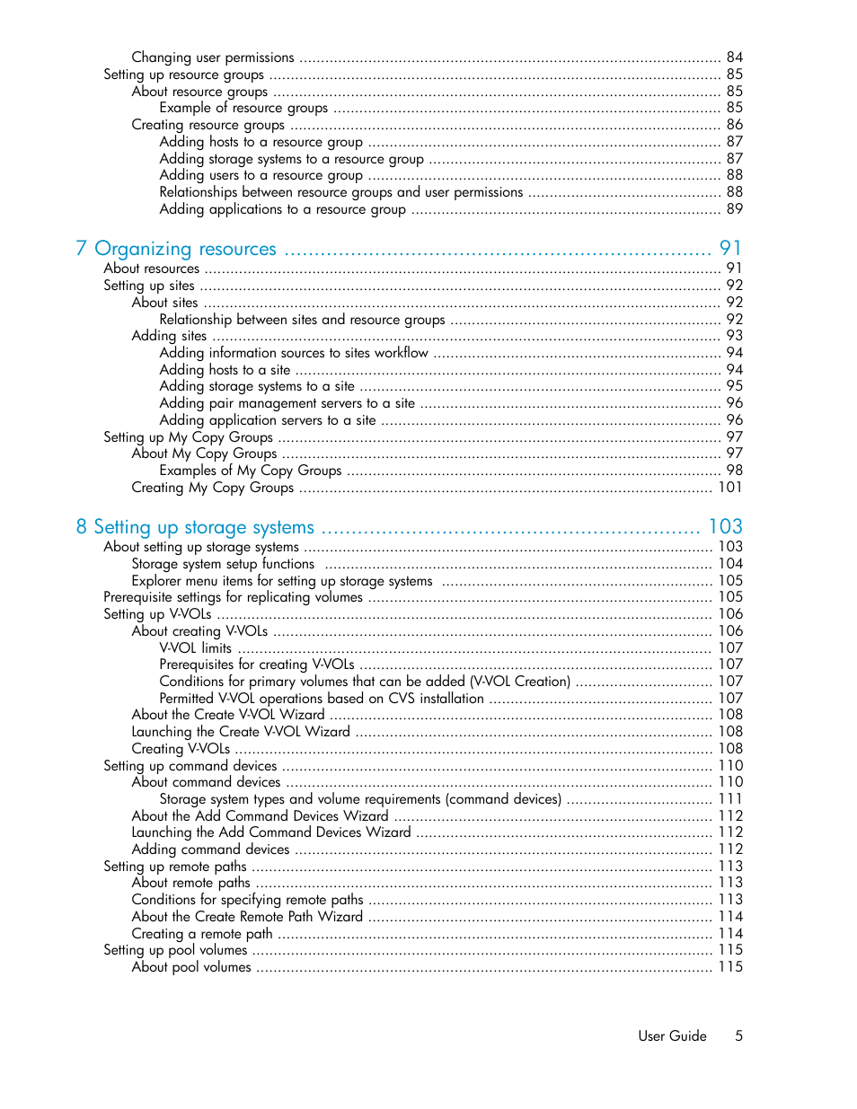 7 organizing resources, 8 setting up storage systems | HP XP Array Manager Software User Manual | Page 5 / 472