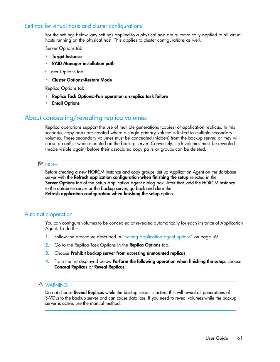 About concealing/revealing replica volumes | HP XP Array Manager Software User Manual | Page 61 / 472