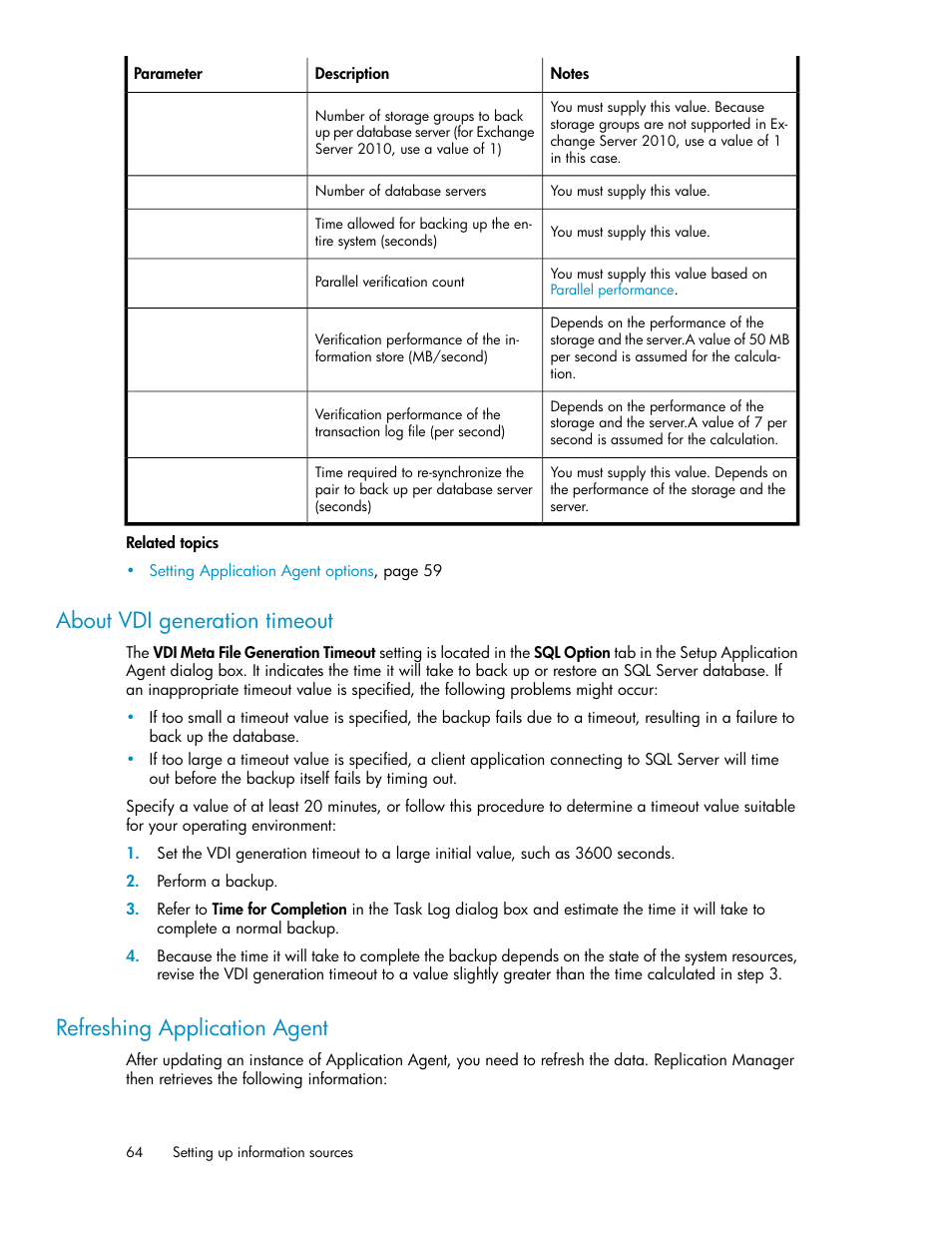 About vdi generation timeout, Refreshing application agent, 64 refreshing application agent | Ibed in | HP XP Array Manager Software User Manual | Page 64 / 472