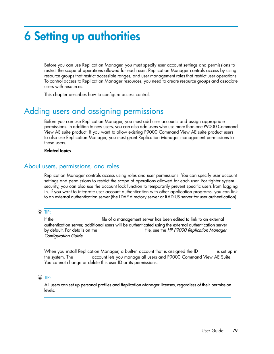 6 setting up authorities, Adding users and assigning permissions, About users, permissions, and roles | Chapter 6 | HP XP Array Manager Software User Manual | Page 79 / 472