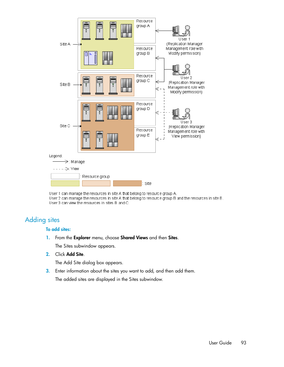 Adding sites | HP XP Array Manager Software User Manual | Page 93 / 472