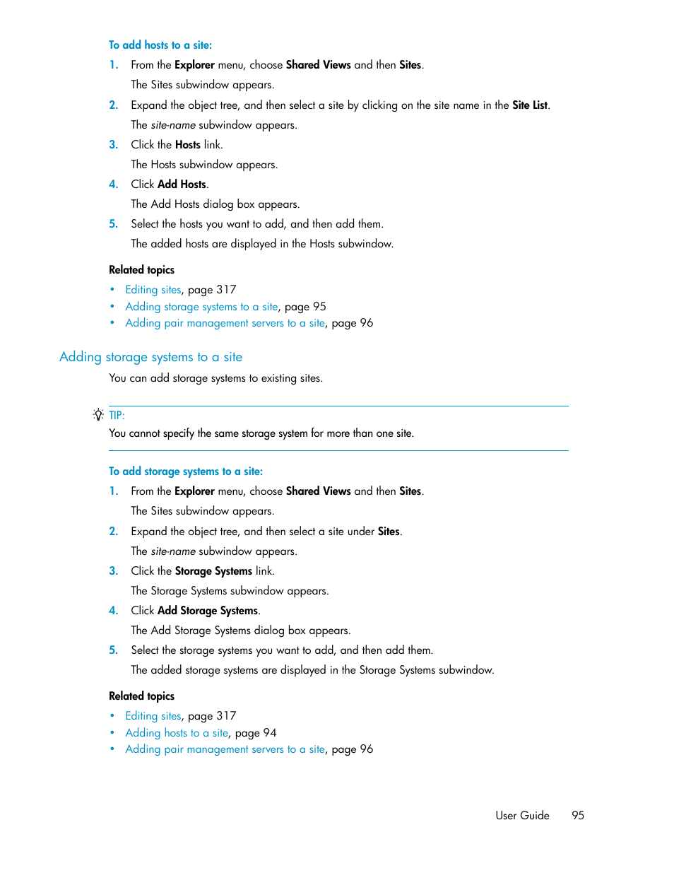 Adding storage systems to a site | HP XP Array Manager Software User Manual | Page 95 / 472