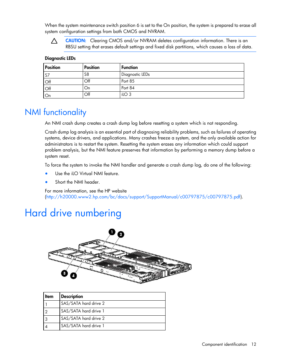 Nmi functionality, Hard drive numbering | HP ProLiant SL390s G7 Server User Manual | Page 12 / 82