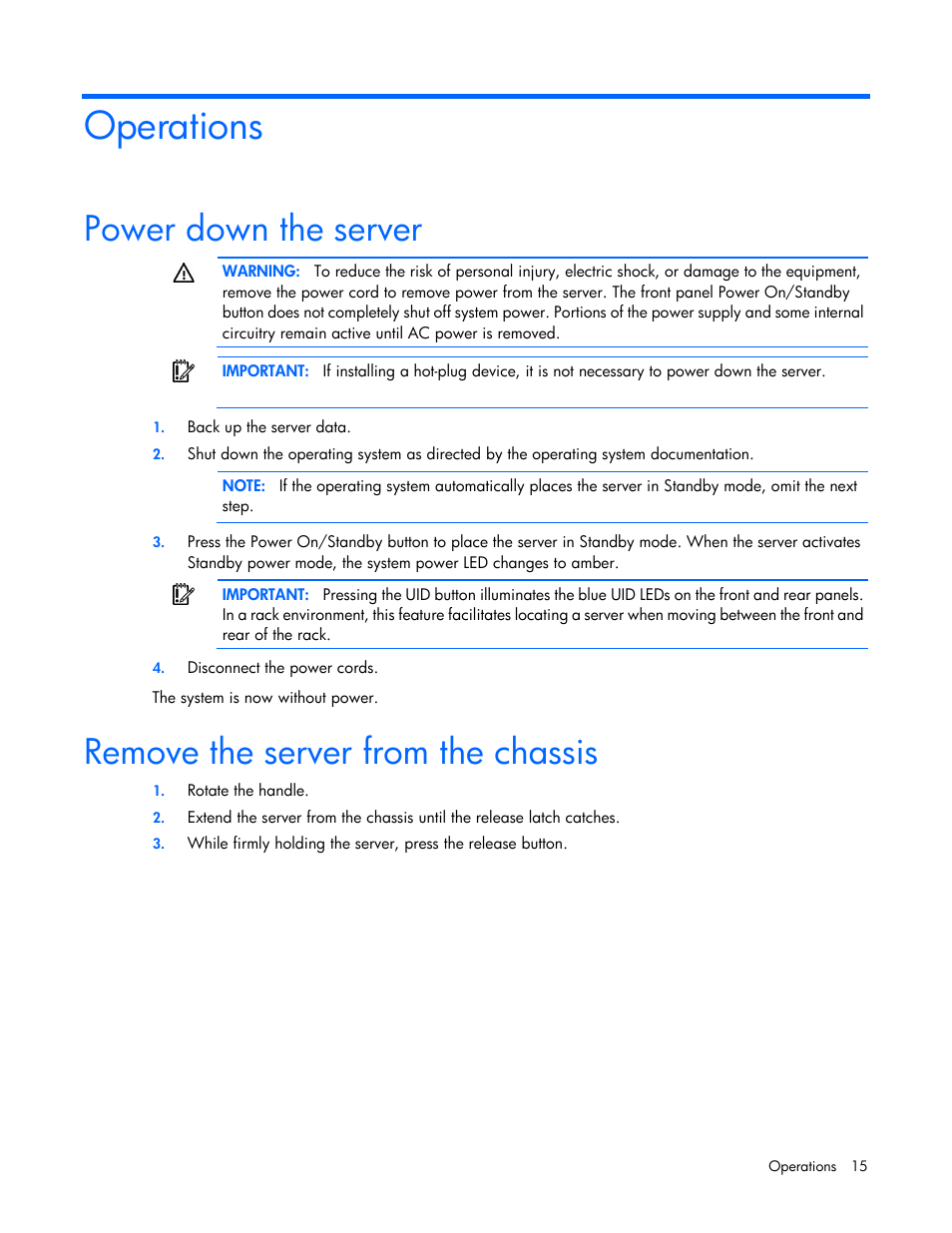 Operations, Power down the server, Remove the server from the chassis | HP ProLiant SL390s G7 Server User Manual | Page 15 / 82