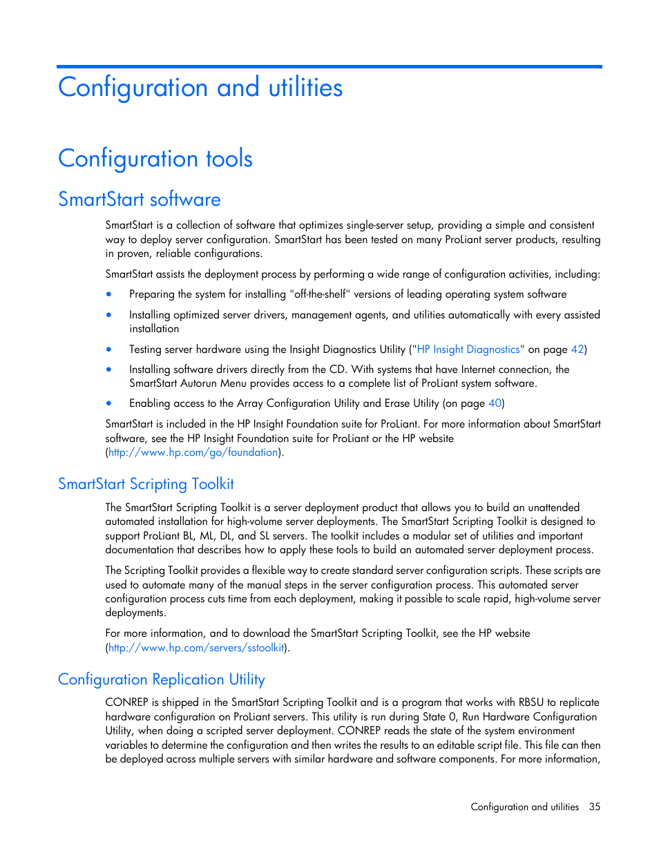Configuration and utilities, Configuration tools, Smartstart software | Smartstart scripting toolkit, Configuration replication utility | HP ProLiant SL390s G7 Server User Manual | Page 35 / 82