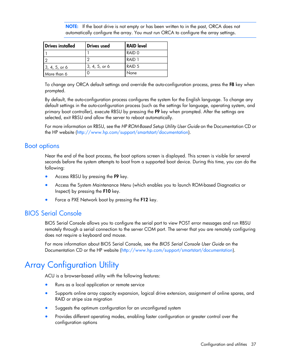 Boot options, Bios serial console, Array configuration utility | HP ProLiant SL390s G7 Server User Manual | Page 37 / 82