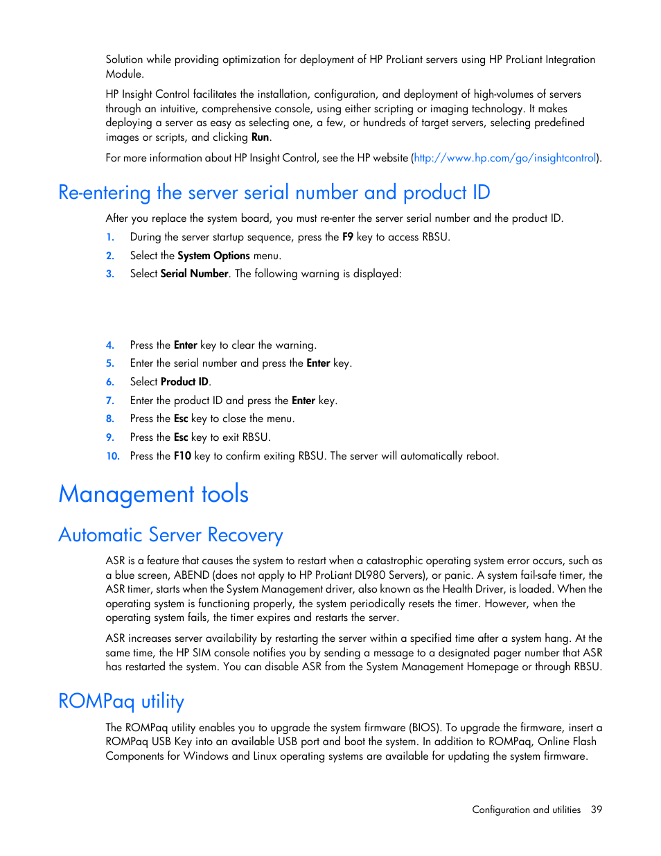 Management tools, Automatic server recovery, Rompaq utility | HP ProLiant SL390s G7 Server User Manual | Page 39 / 82