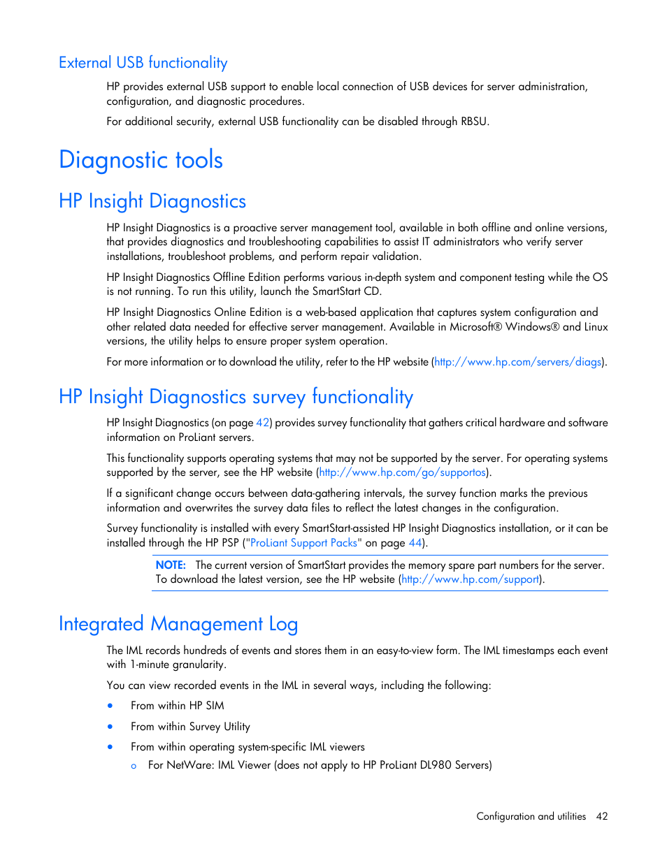 External usb functionality, Diagnostic tools, Hp insight diagnostics | Hp insight diagnostics survey functionality, Integrated management log | HP ProLiant SL390s G7 Server User Manual | Page 42 / 82