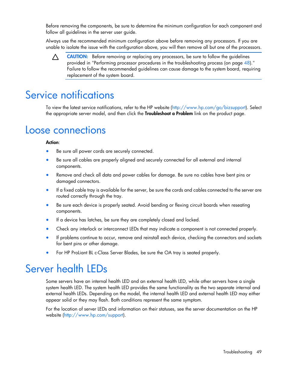 Service notifications, Loose connections, Server health leds | HP ProLiant SL390s G7 Server User Manual | Page 49 / 82