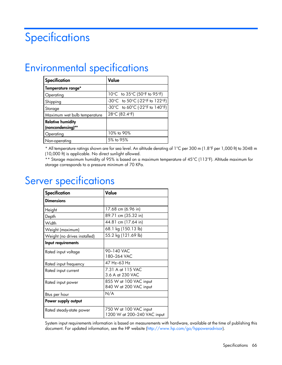 Specifications, Environmental specifications, Server specifications | HP ProLiant SL390s G7 Server User Manual | Page 66 / 82