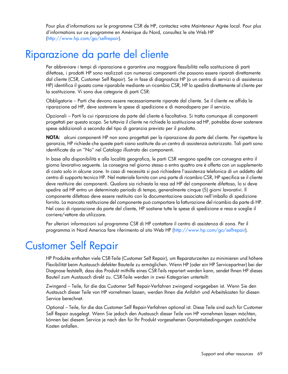 Riparazione da parte del cliente, Customer self repair | HP ProLiant SL390s G7 Server User Manual | Page 69 / 82