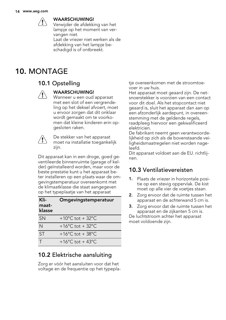 Montage, 1 opstelling, 2 elektrische aansluiting | 3 ventilatievereisten | AEG A92300HLW0 User Manual | Page 14 / 68