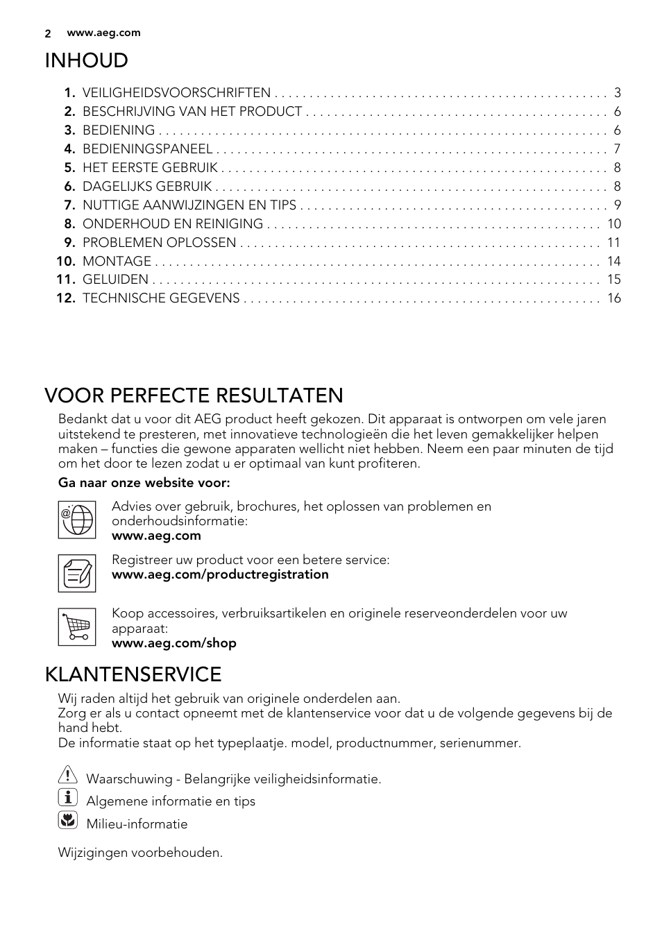 Inhoud, Voor perfecte resultaten, Klantenservice | AEG A92300HLW0 User Manual | Page 2 / 68