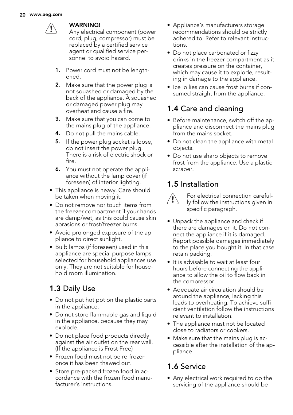 3 daily use, 4 care and cleaning, 5 installation | 6 service | AEG A92300HLW0 User Manual | Page 20 / 68