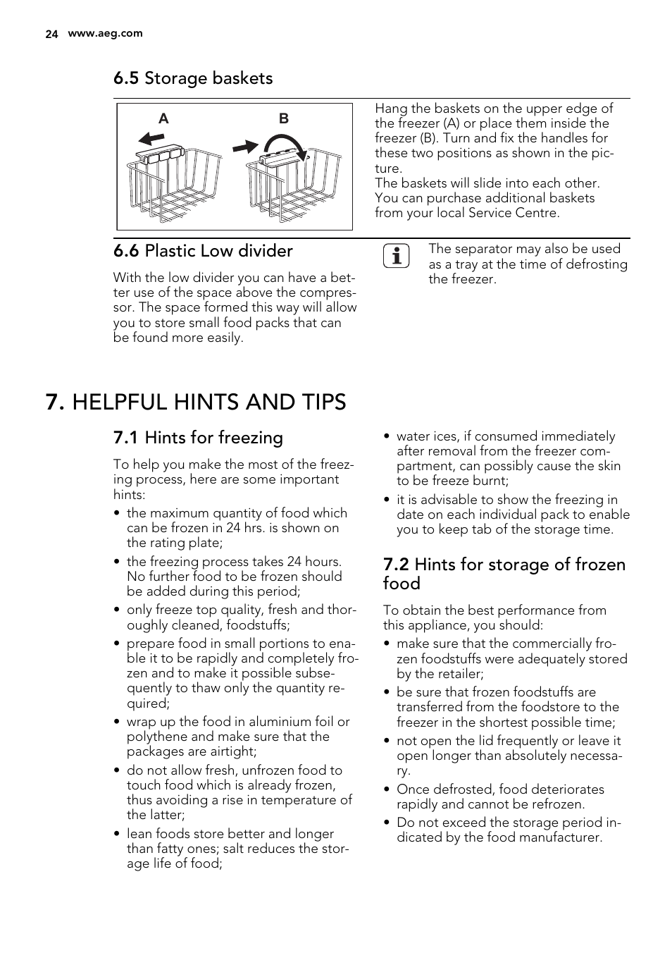 Helpful hints and tips, 5 storage baskets, 6 plastic low divider | 1 hints for freezing, 2 hints for storage of frozen food | AEG A92300HLW0 User Manual | Page 24 / 68