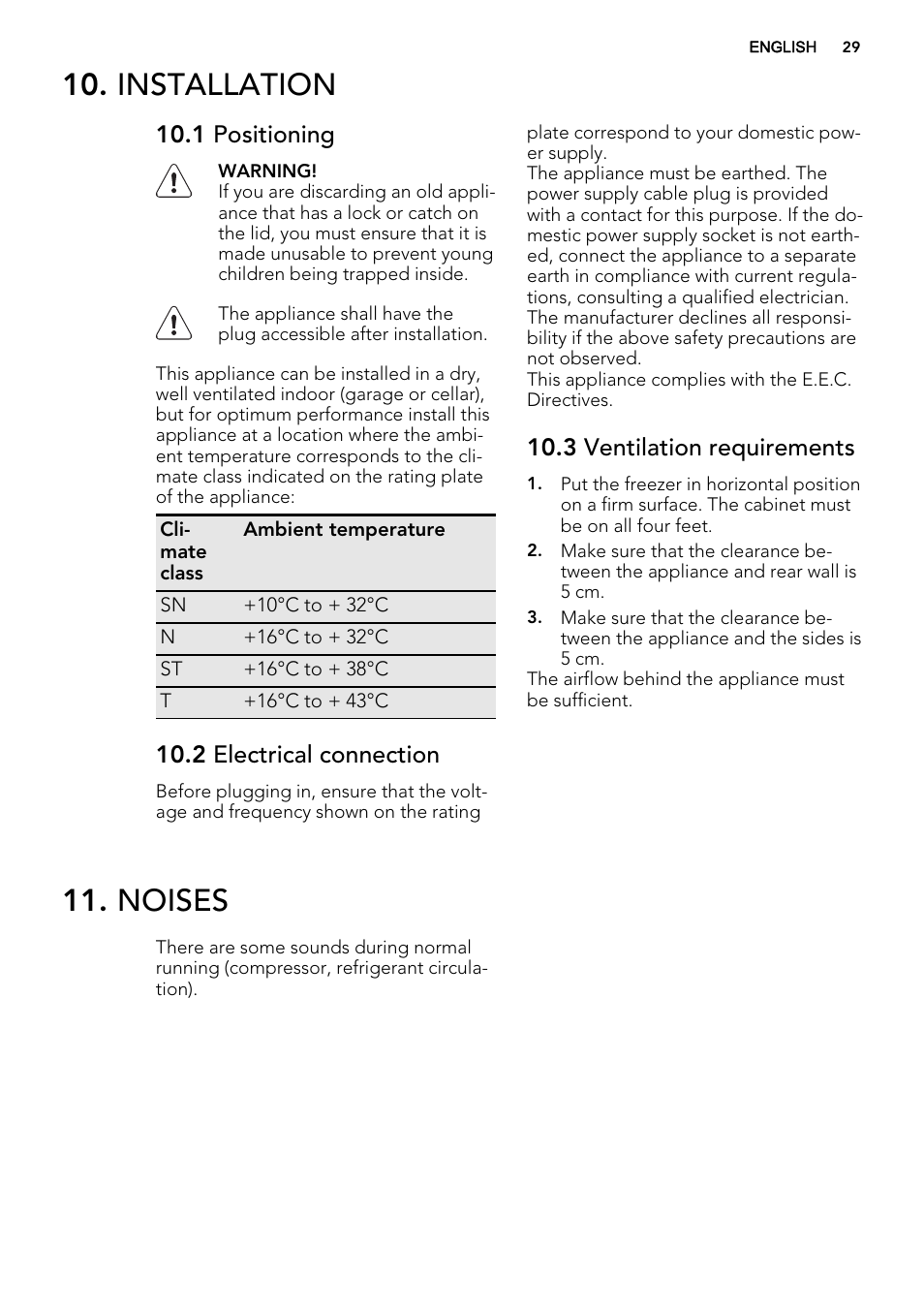 Installation, Noises, 1 positioning | 2 electrical connection, 3 ventilation requirements | AEG A92300HLW0 User Manual | Page 29 / 68