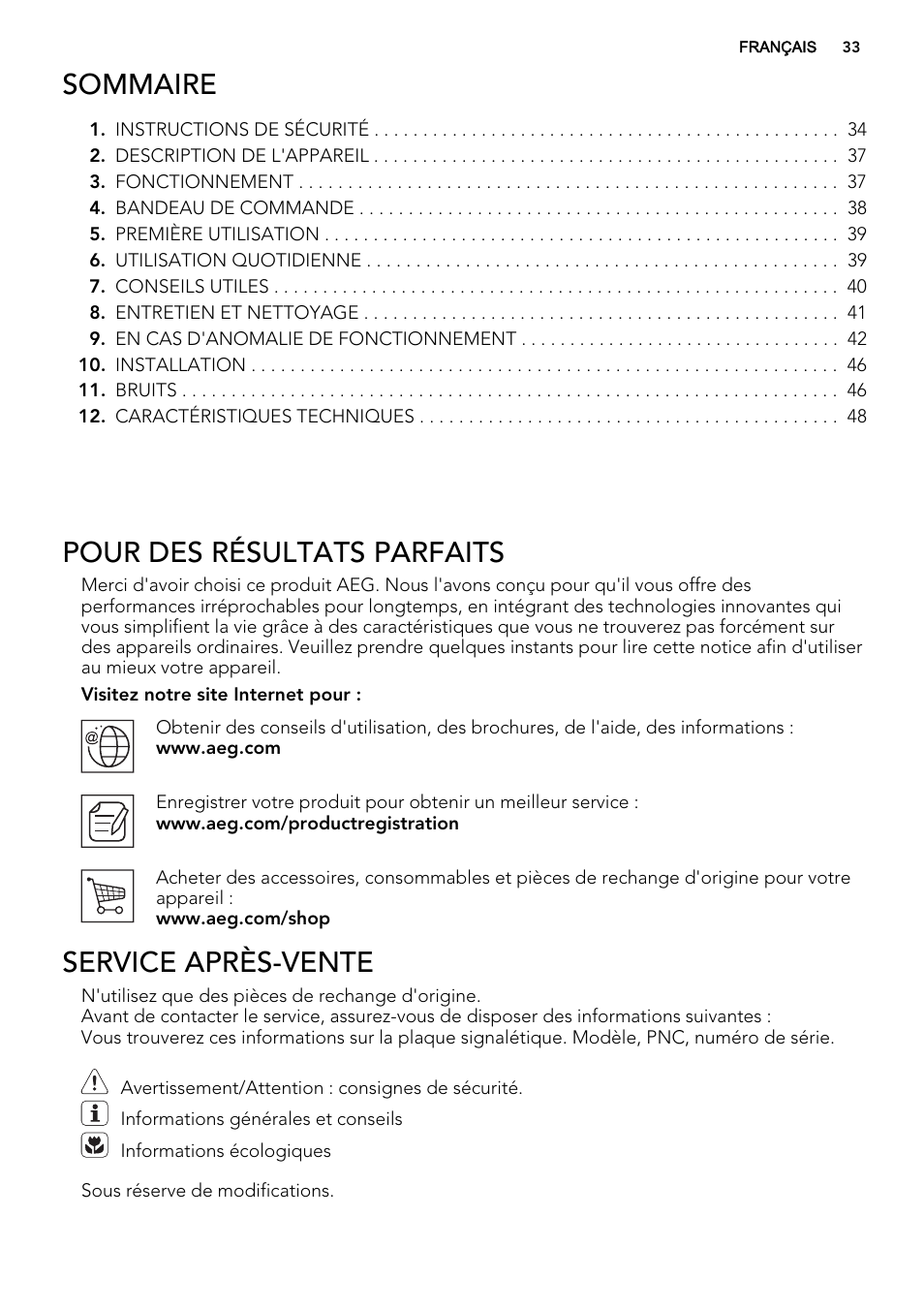 Sommaire, Pour des résultats parfaits, Service après-vente | AEG A92300HLW0 User Manual | Page 33 / 68