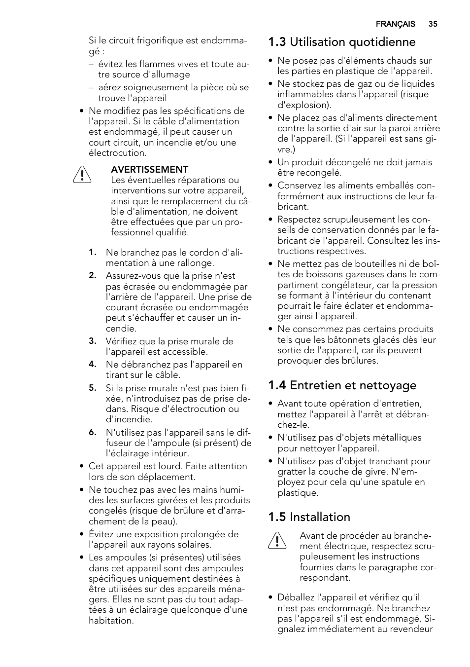 3 utilisation quotidienne, 4 entretien et nettoyage, 5 installation | AEG A92300HLW0 User Manual | Page 35 / 68