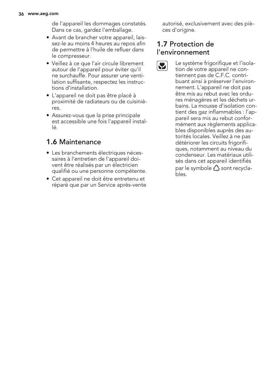 6 maintenance, 7 protection de l'environnement | AEG A92300HLW0 User Manual | Page 36 / 68