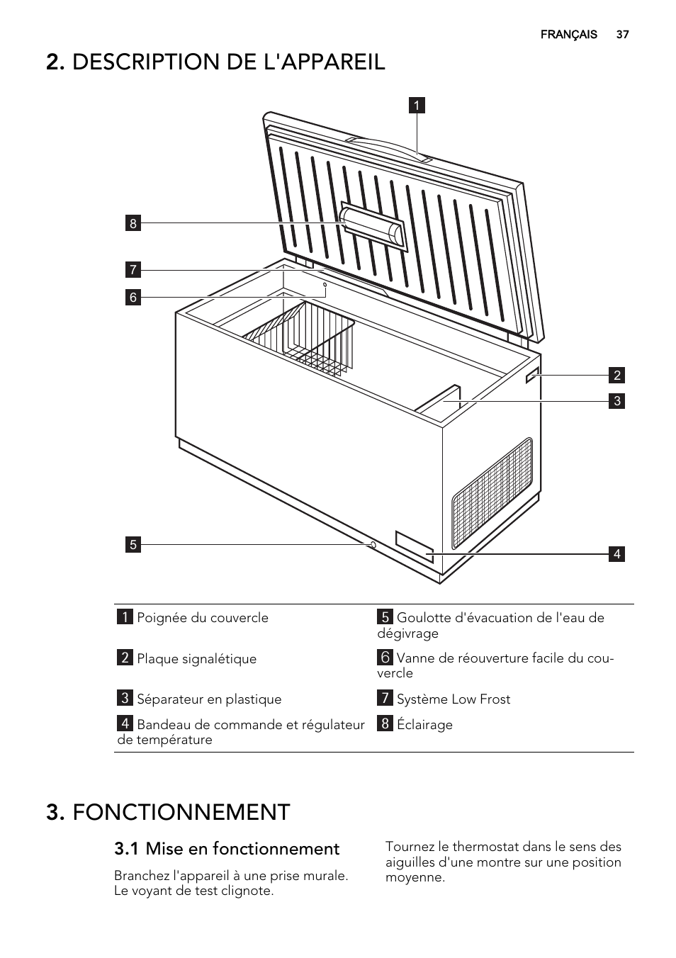 Description de l'appareil, Fonctionnement, 1 mise en fonctionnement | AEG A92300HLW0 User Manual | Page 37 / 68