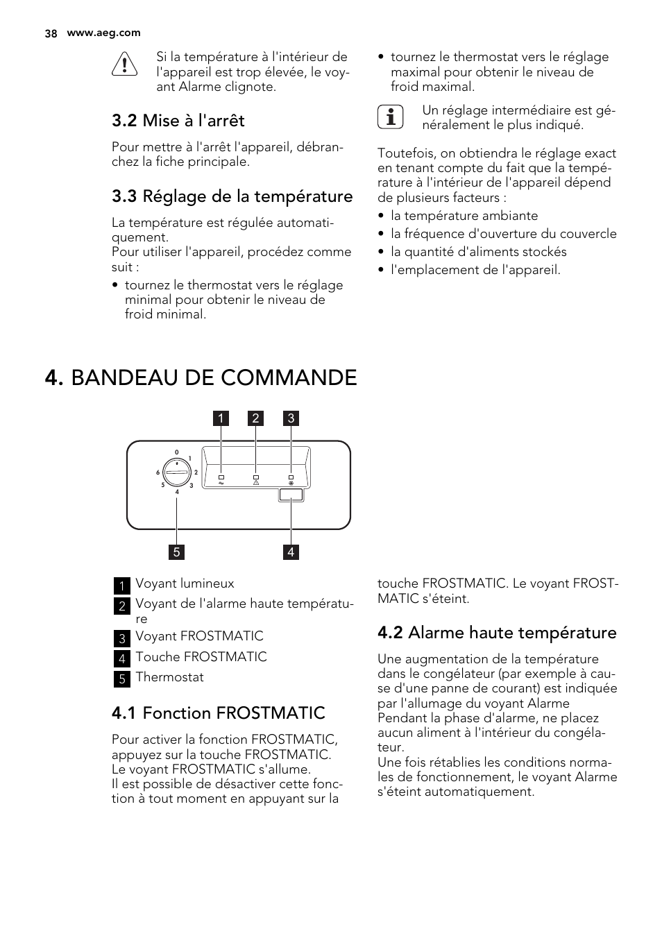 Bandeau de commande, 2 mise à l'arrêt, 3 réglage de la température | 1 fonction frostmatic, 2 alarme haute température | AEG A92300HLW0 User Manual | Page 38 / 68