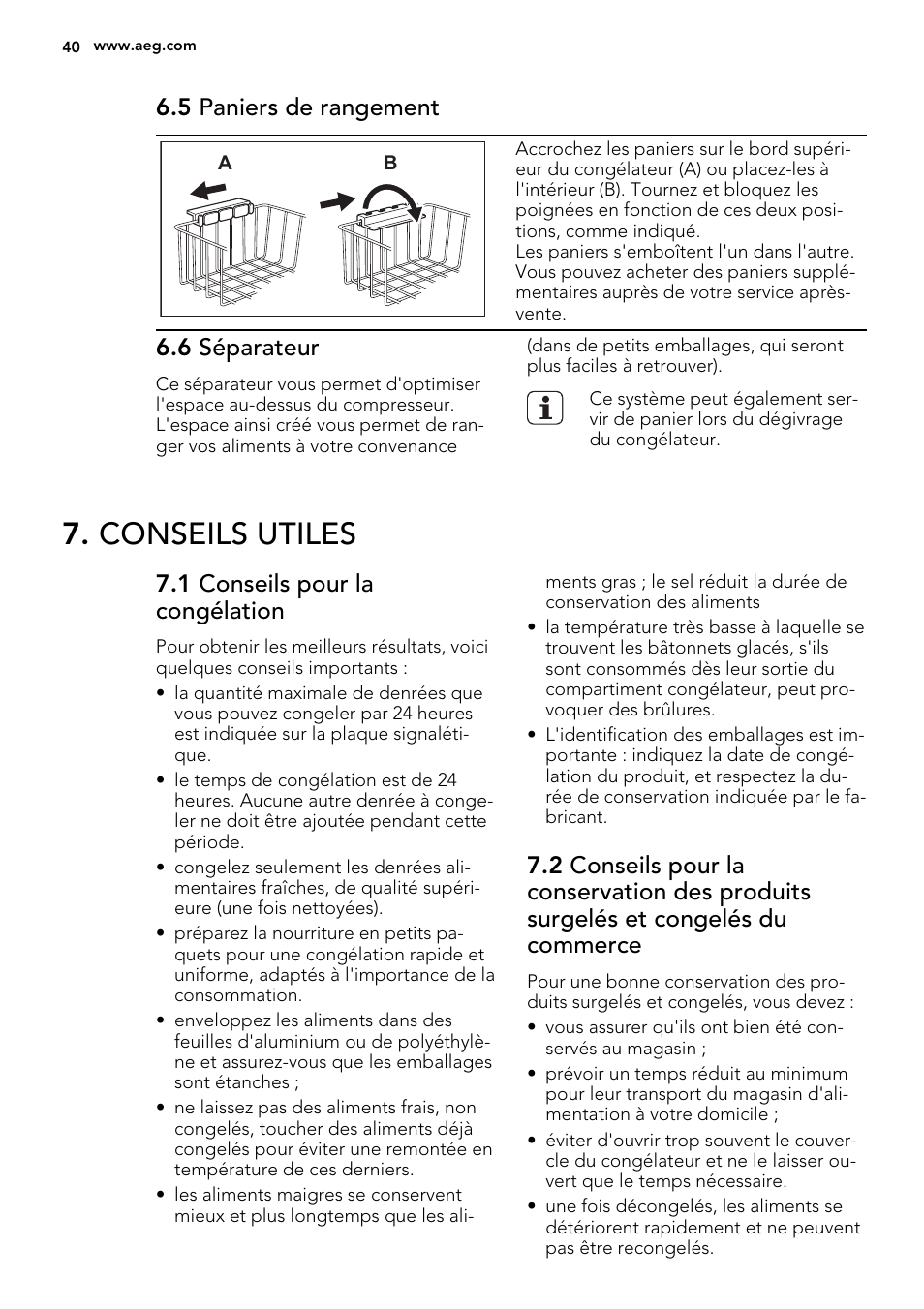 Conseils utiles, 5 paniers de rangement, 6 séparateur | 1 conseils pour la congélation | AEG A92300HLW0 User Manual | Page 40 / 68